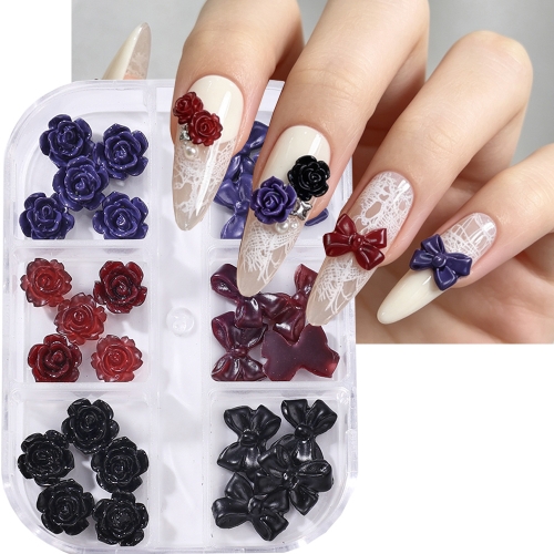 1box Vintage Dark Rose Bow Nail Charms Black Red Blue Flowers Bowknot Jewelry Gothic Resin Winter Accessories Manicure Decor
