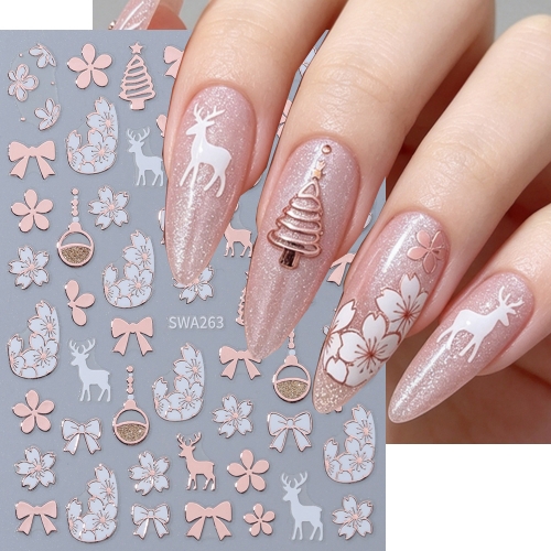 1pc Nail Art Stickers Gold White Xmas Trees Bells Snowman Snowflakes Nail Decals For Manicure Tips Accessories