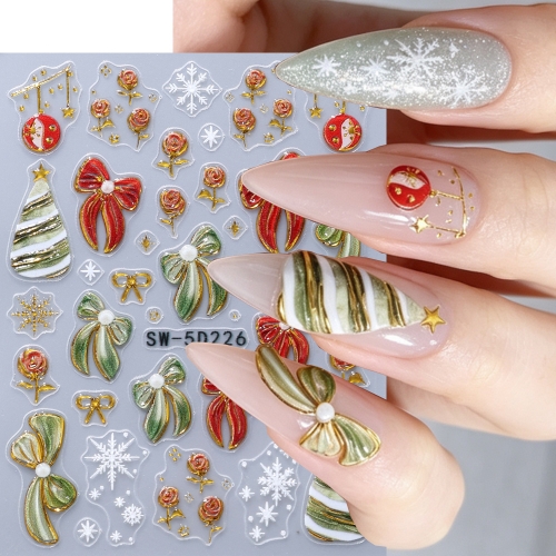 1pc 5D Embossed Christmas Nail Art Stickers Self‑Adhesive Xmas Tree Bow Snowflake Nail Decals Winter Holiday DIY Manicure Decor