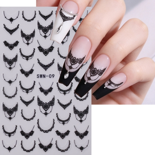 1pc Black Lace Necklace Matte Nails Stickers Flowers Border Vintage Hollow Mesh Decals Elegant Japanese Manicure Wedding Decor