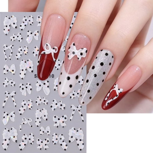 1pc White Polka Dot Bow Nail Stickers Self‑Adhesive Aurora Bow Nail Decals Elegant DIY Manicure Decoration