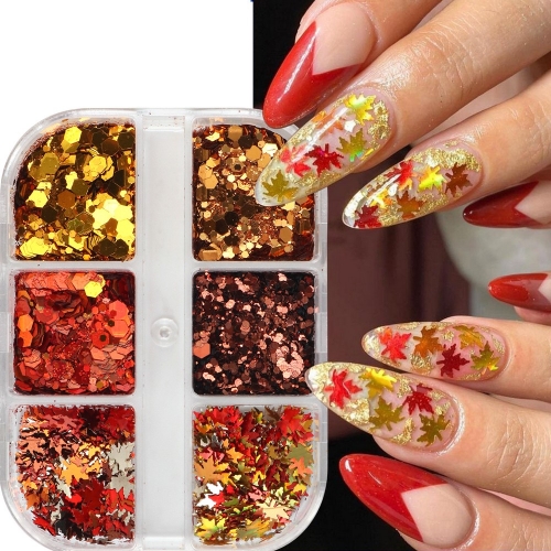1box Fall Maple Leaf Nail Glitter Sequins Metallic Autumn Hexagon Nail Art Flakes Orange Gold Red Nail Decorations