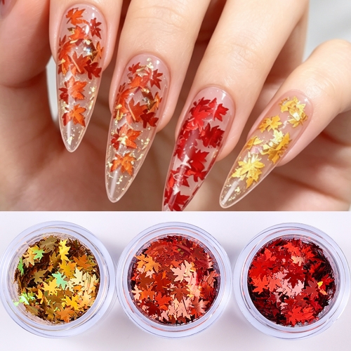 3jars/set Autumn Maple Leaf Nail Art Glitter Sequins Fall Maple Leaf Paillettes Nail Flakes Charm Manicure Decoration