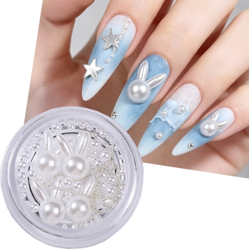 1jar Cute Rabbits 3D Nail Art Decoration Charms Kawaii Pearl Chain Accessories for Manicure Decor Parts