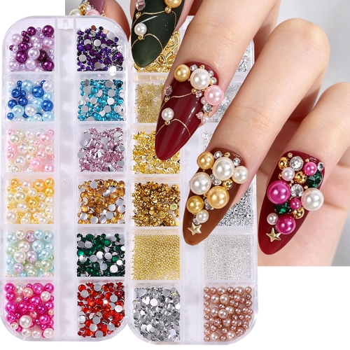1box Mixed Rhinestone Sparkling Glittering Pearl Nail Charms Soft Colors Mixed Pearl Nail Art Decoration