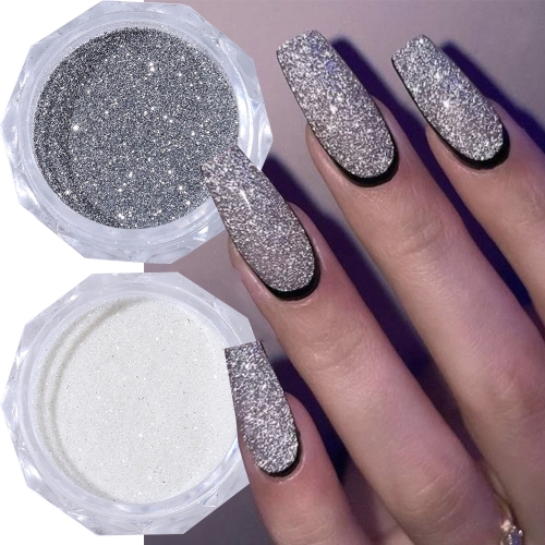 2colors/set Shiny Reflective Diamond Nail Glitter Powder Silvery Holographic Crystal Gel Polish DIY Manicure Pigment Dust Powder
