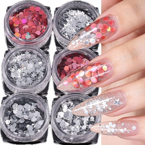 1box or 6jars/set Mix Star Heart Round Nail Glitter Sequins Gold Silver Mirror Nail Charms Flakes Kawaii Nail Parts