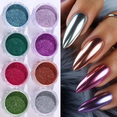 8colors/set Nail Art Magic Mirror Powder Gold Silver Holographic Chrome Charm Mirror Effect Pigment DIY Punk Manicure Rubbing Dust