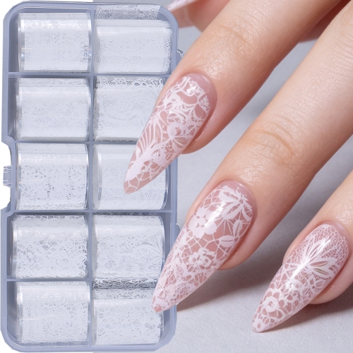 10 Rolls/Box White Black Lace Nail Art Foils Set Nail Transfer Sticker Paper DIY Manicure Nail Decoration Accessories