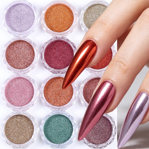 12colors/set Champagne Brown Nail Art Powder Magic Mirror Metallic Powder Pigment UV Glitter Chrome Gel Polish Manicure Accessories DIY Dust