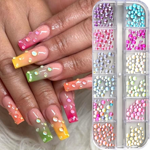 1box Macaron Bubble 3D Glass Crystal Nail Art Charms Mixed Size Sparkly Mermaid Nail Beads Colorful Flatback Manicure Ornaments