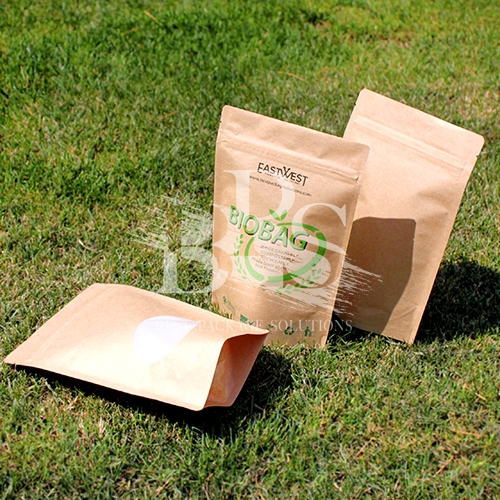 可堆肥降解的零食自立袋，磨砂和透明窗口可供选择