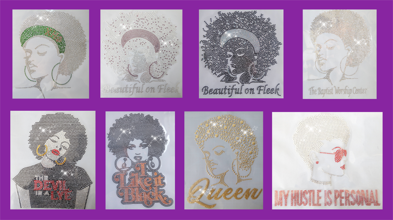 afro lady rhinestone heat press iron on transfer