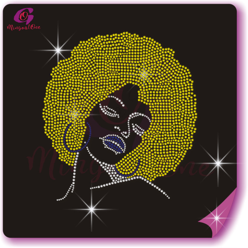 Beautiful me afro lady rhinestone iron on transfer gold stone hotfix transfer