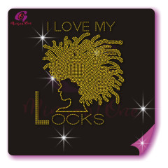 Beautiful me afro lady rhinestone iron on transfer gold stone hotfix transfer
