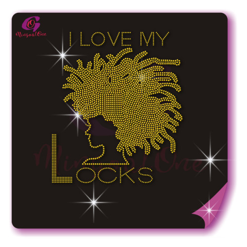Beautiful me afro lady rhinestone iron on transfer gold stone hotfix transfer
