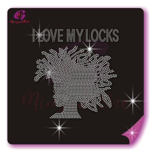 Beautiful me afro lady rhinestone iron on transfer gold stone hotfix transfer