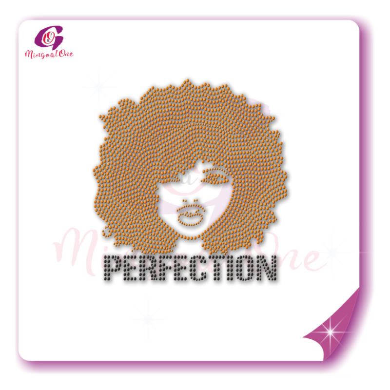Beautiful me afro lady rhinestone iron on transfer gold stone hotfix transfer