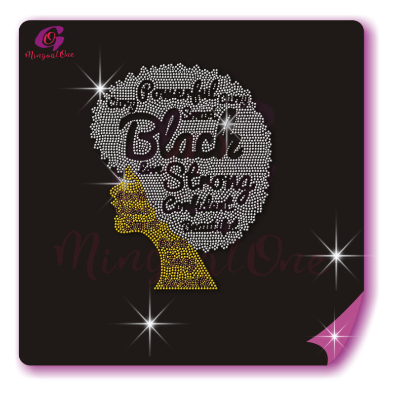 Beautiful me afro lady rhinestone iron on transfer gold stone hotfix transfer