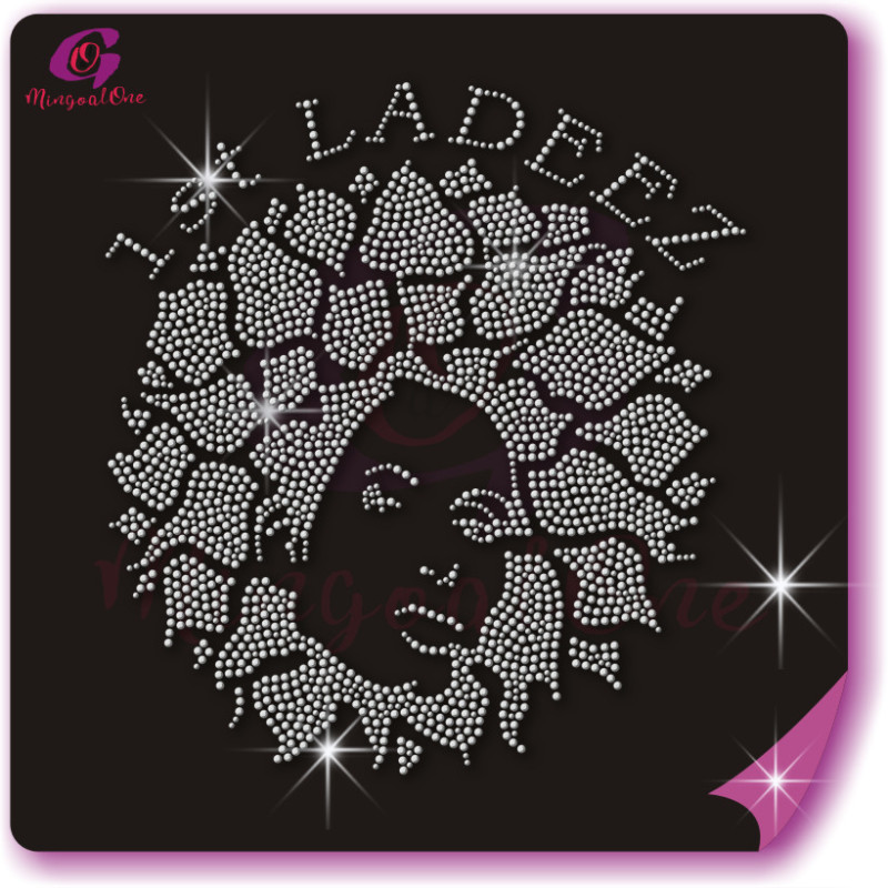 Beautiful me afro lady rhinestone iron on transfer gold stone hotfix transfer