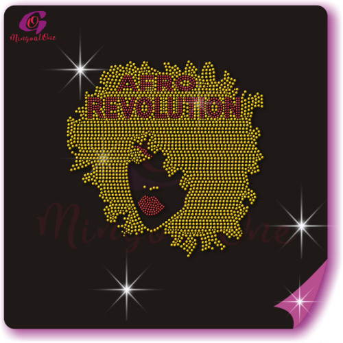 Beautiful me afro lady rhinestone iron on transfer gold stone hotfix transfer