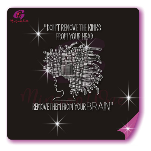 Beautiful me afro lady rhinestone iron on transfer gold stone hotfix transfer