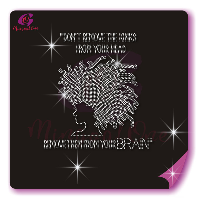 Beautiful me afro lady rhinestone iron on transfer gold stone hotfix transfer