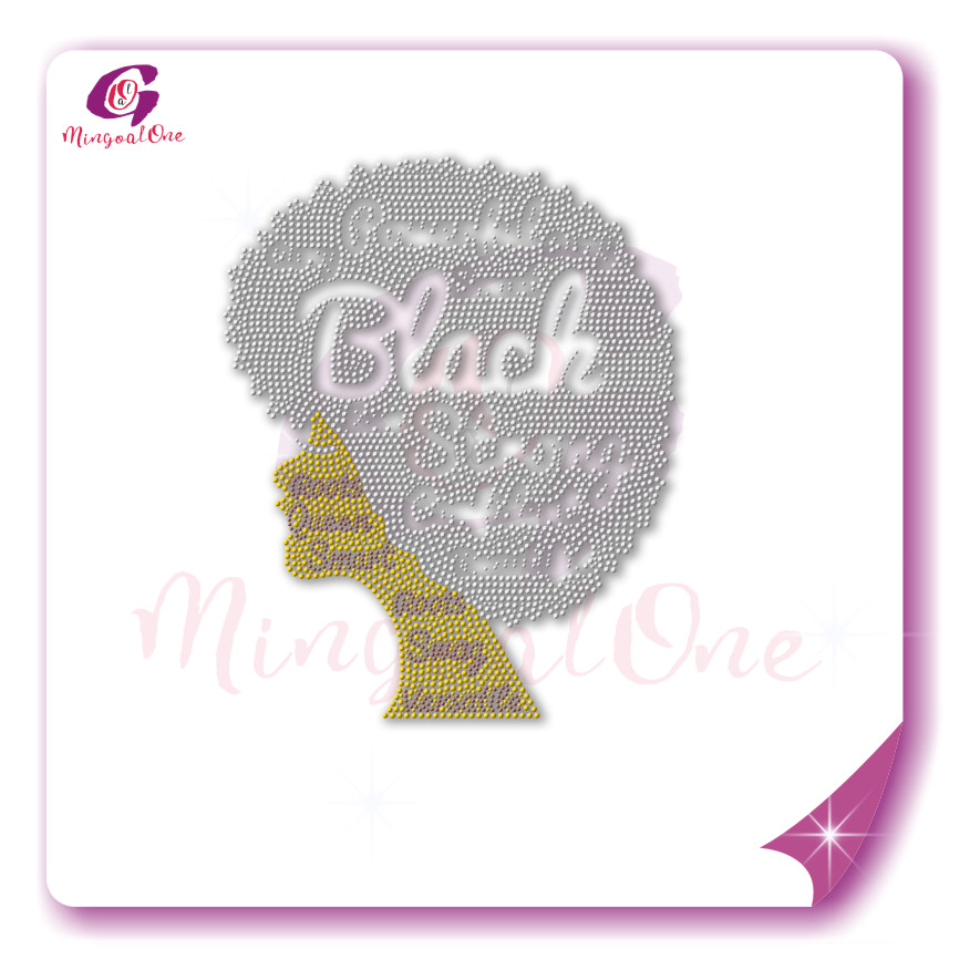 Beautiful me afro lady rhinestone iron on transfer gold stone hotfix transfer