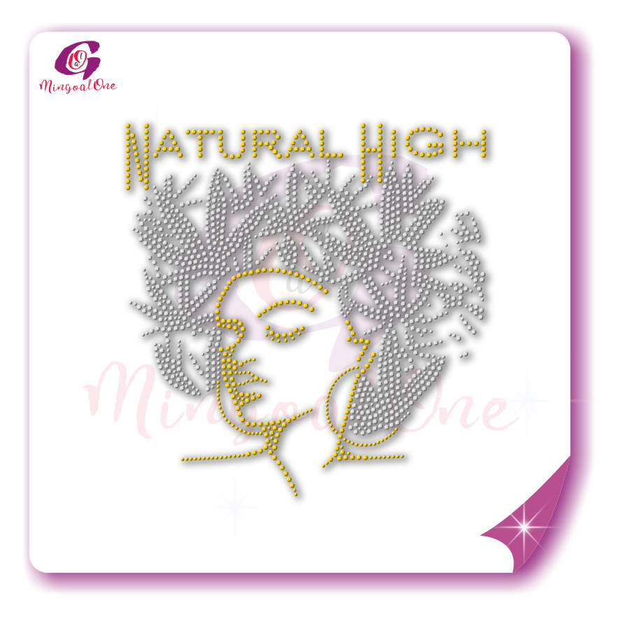 Beautiful me afro lady rhinestone iron on transfer gold stone hotfix transfer