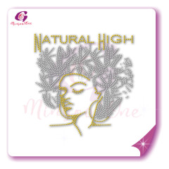 Beautiful me afro lady rhinestone iron on transfer gold stone hotfix transfer