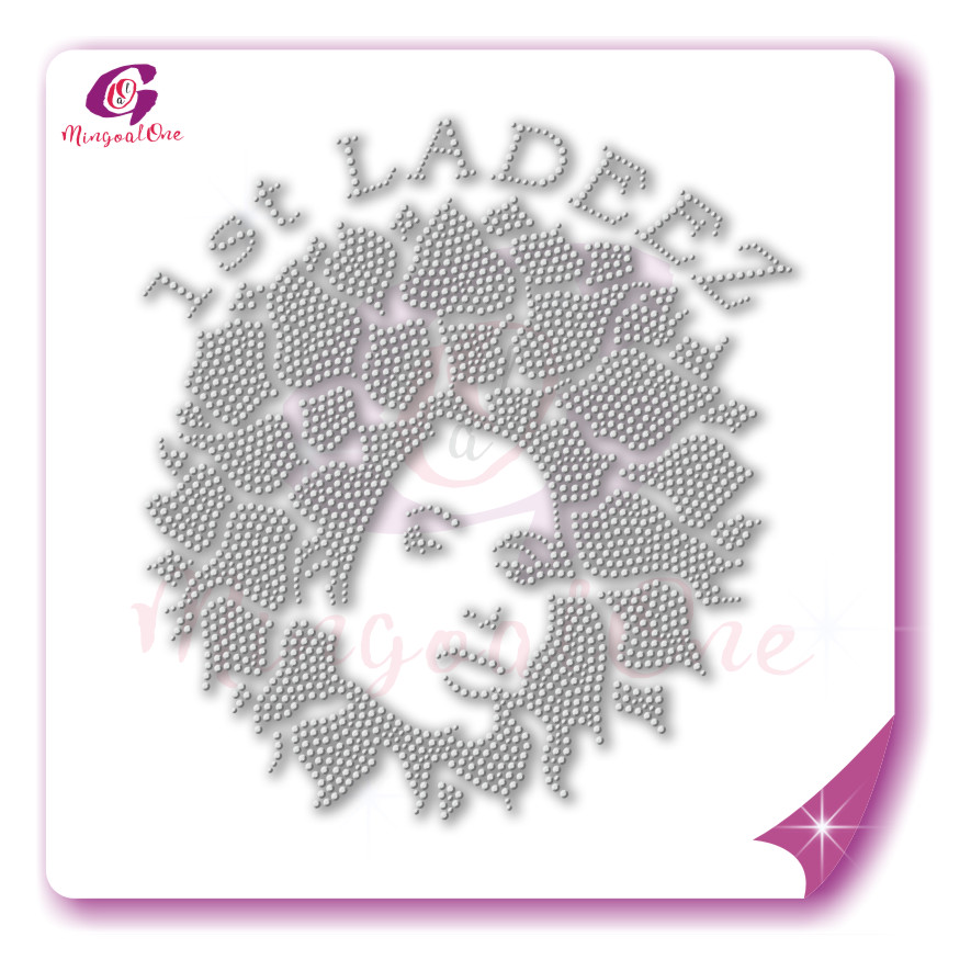 Beautiful me afro lady rhinestone iron on transfer gold stone hotfix transfer
