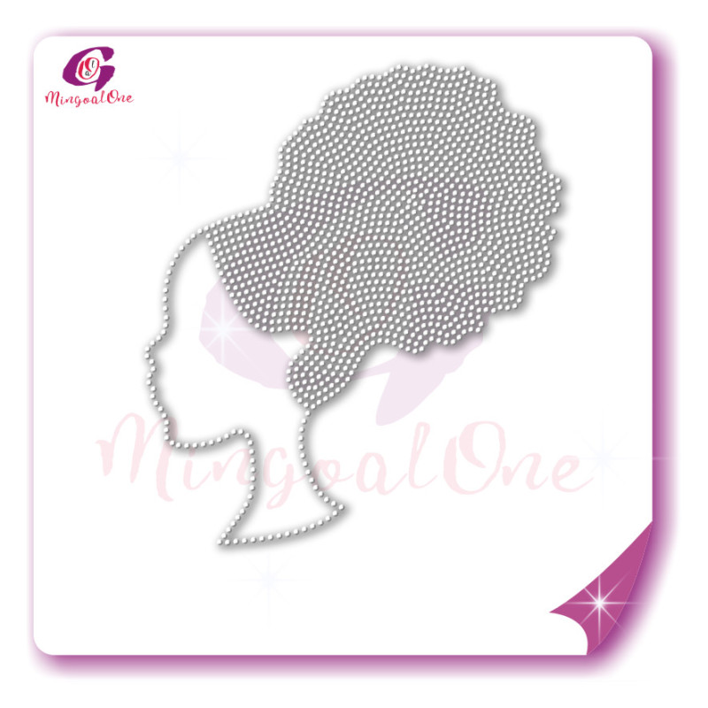 Beautiful me afro lady rhinestone iron on transfer gold stone hotfix transfer