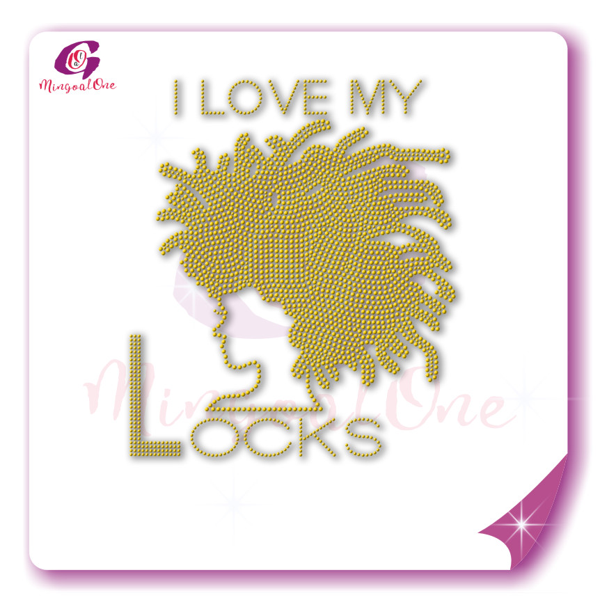 Beautiful me afro lady rhinestone iron on transfer gold stone hotfix transfer