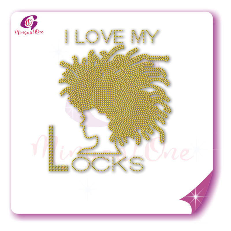 Beautiful me afro lady rhinestone iron on transfer gold stone hotfix transfer