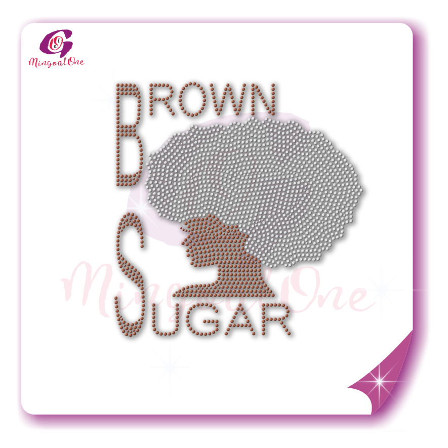 Beautiful me afro lady rhinestone iron on transfer gold stone hotfix transfer