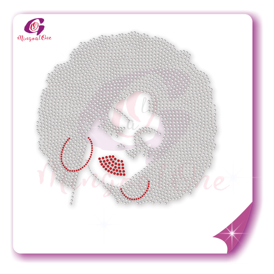 Beautiful me afro lady rhinestone iron on transfer gold stone hotfix transfer