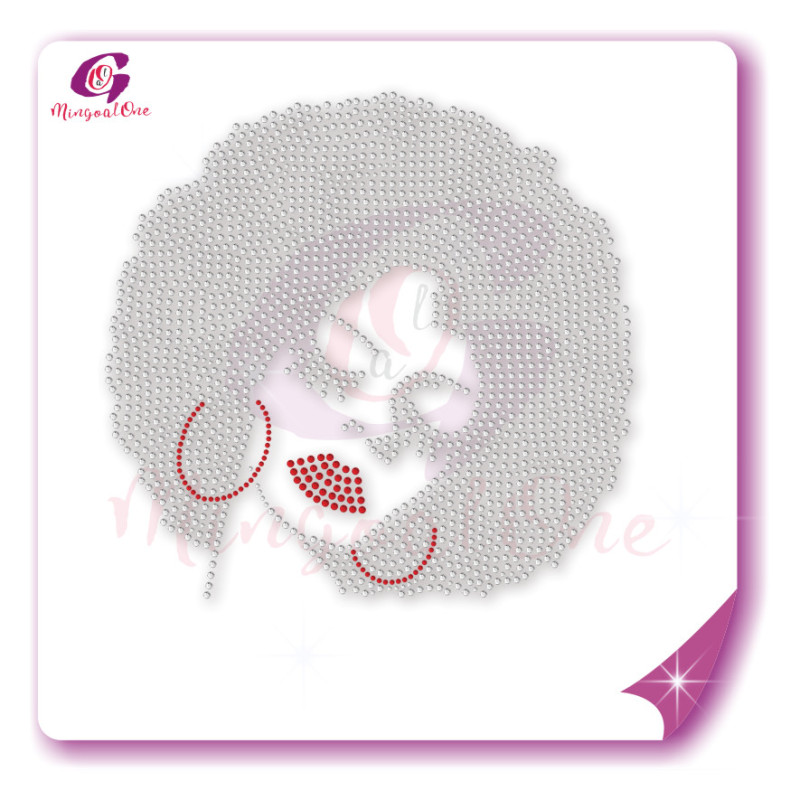 Beautiful me afro lady rhinestone iron on transfer gold stone hotfix transfer