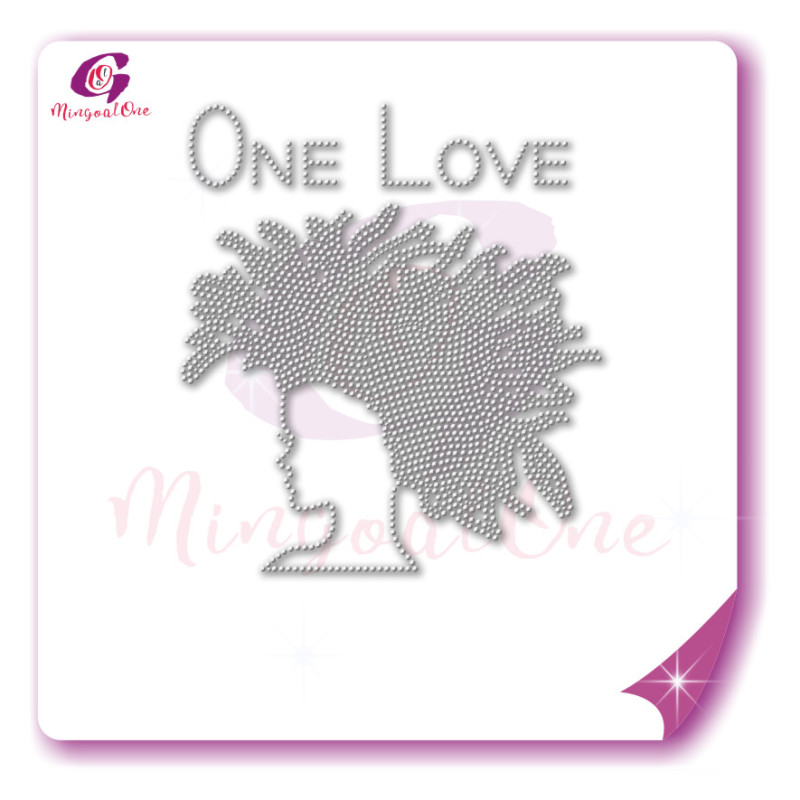 Beautiful me afro lady rhinestone iron on transfer gold stone hotfix transfer