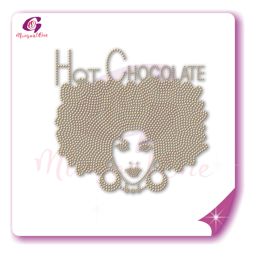 Beautiful me afro lady rhinestone iron on transfer gold stone hotfix transfer