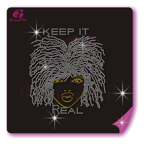 Beautiful me afro lady rhinestone iron on transfer gold stone hotfix transfer