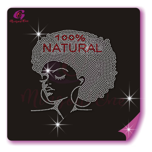 Beautiful me afro lady rhinestone iron on transfer gold stone hotfix transfer