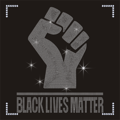 Hot Sale Custom Bling Hot Fix Black History Month Matters Motif Fist Design Rhinestone Transfer for T-shirt