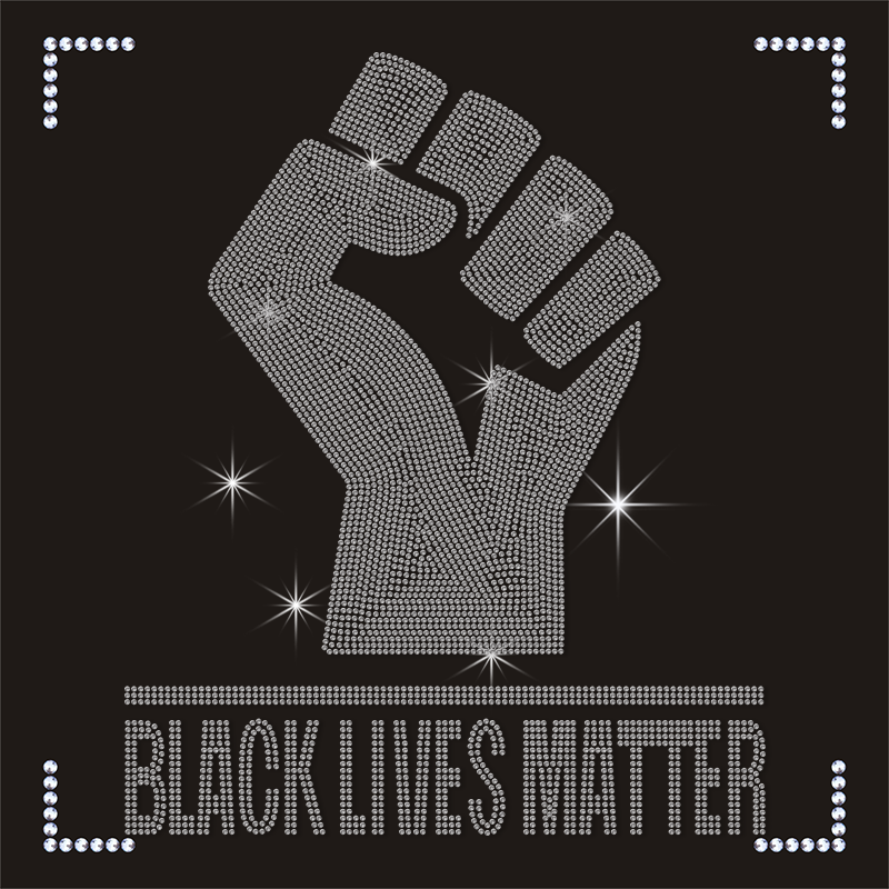 Hot Sale Custom Bling Hot Fix Black History Month Matters Motif Fist Design Rhinestone Transfer for T-shirt