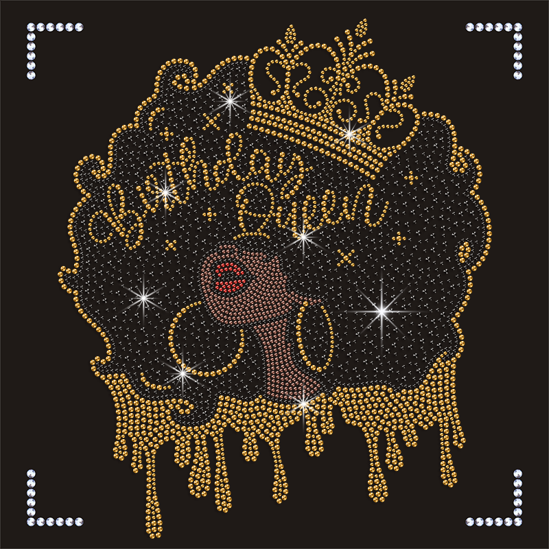 Hot Sale Afro Black Birthday Queen Women Bling Stones Motif Iron On Rhinestone Transfer Designs for Heat Press Clothes