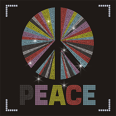 Custom High Quality Crystal Colorful Peace Logo Hot Fix Heat Rhinestone Transfer for T-shirts