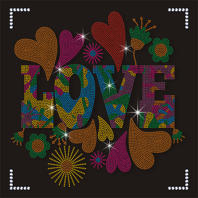 Custom Clothing T-shirt Logo Hot Selling Crystal Colorful Heart Love Rhinestone Heat Transfer