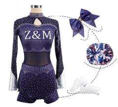 Rhinestones cheerleading uniform Customized Spandex new design wholesale cheer uniforms Kids adult long sleeve dark blue girls
