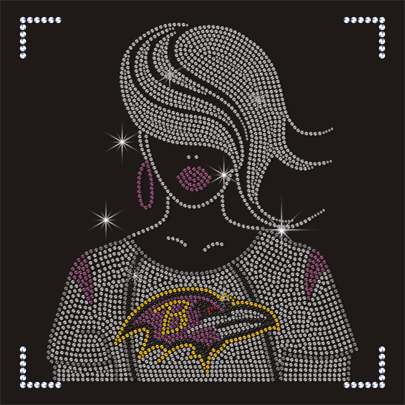 Factory Direct Sale Bling Ravens Lady Design Iron on Rhinestone Transfer