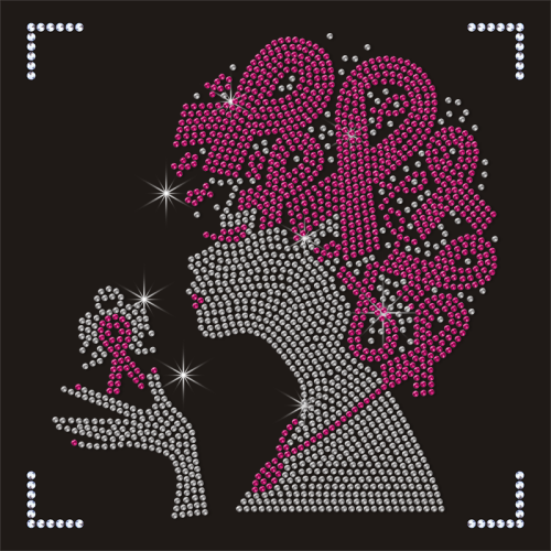 Hotfix Fashion Pink Ribbon Lady Rhinestone Transfers for T-shirts