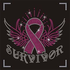 Hot Fix Pink Ribbon and Wings Iron On Rhinestone Transfer Motif